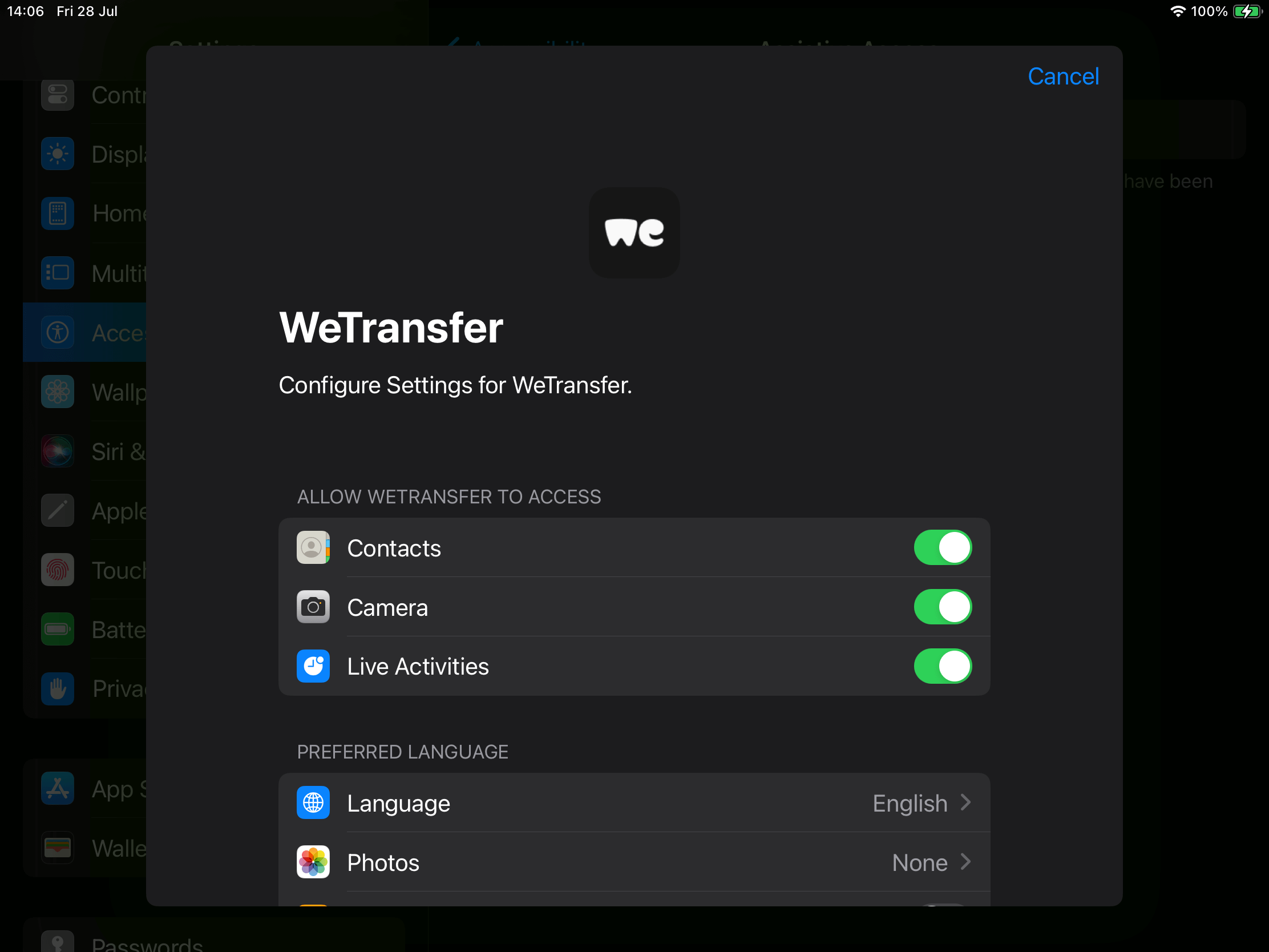An iPad in landscape mode showing the WeTransfer app's setting configuration screen. It shows options like disabling access to the camera, setting its language, and more.