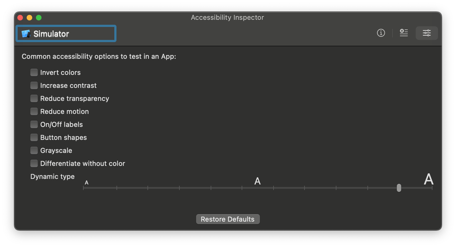 The Accessibility Inspector's settings tab.