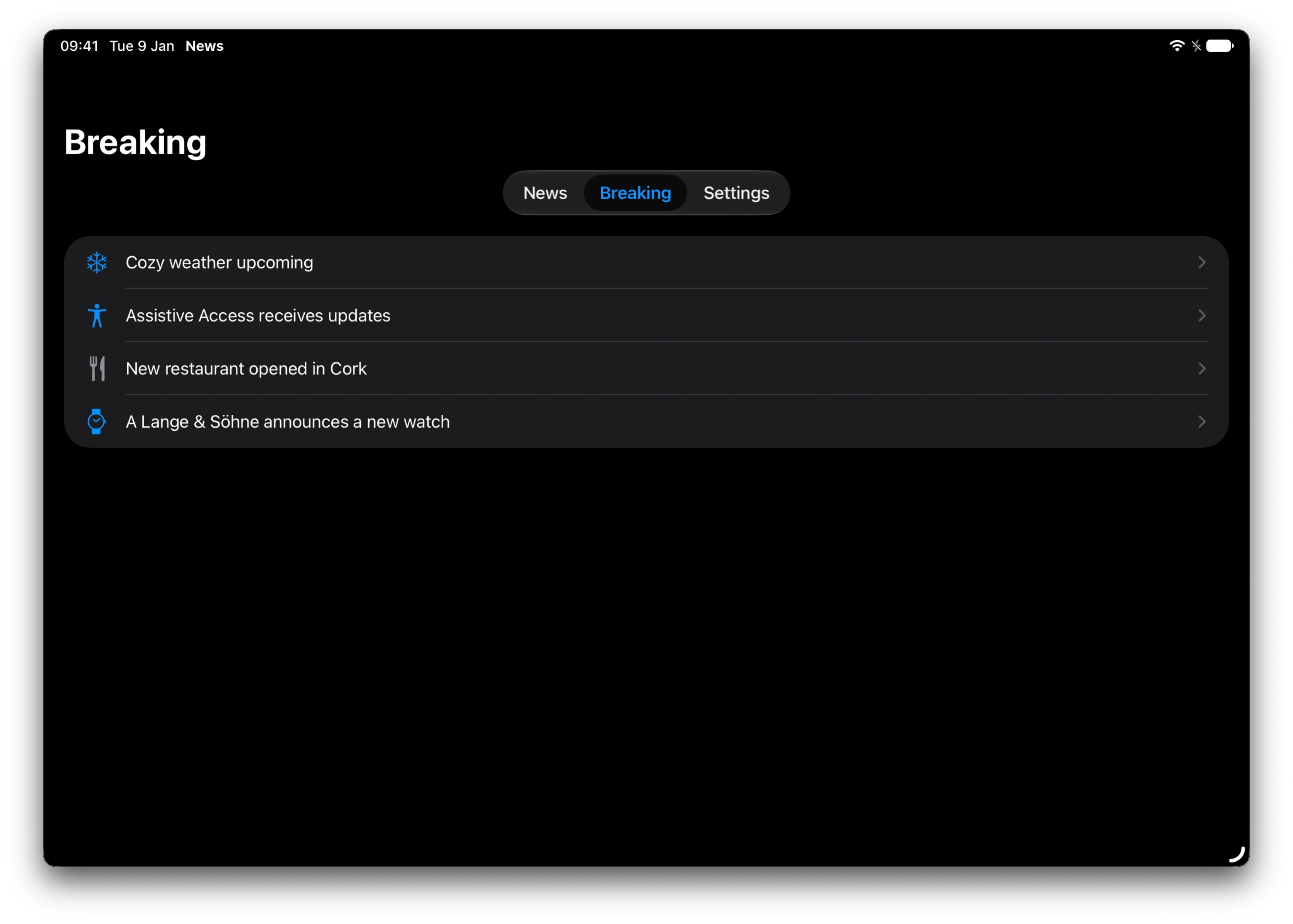 An iPad app in landscape showing a "Breaking" title at the top, a tab bar, and a limited amount of articles in a list view.