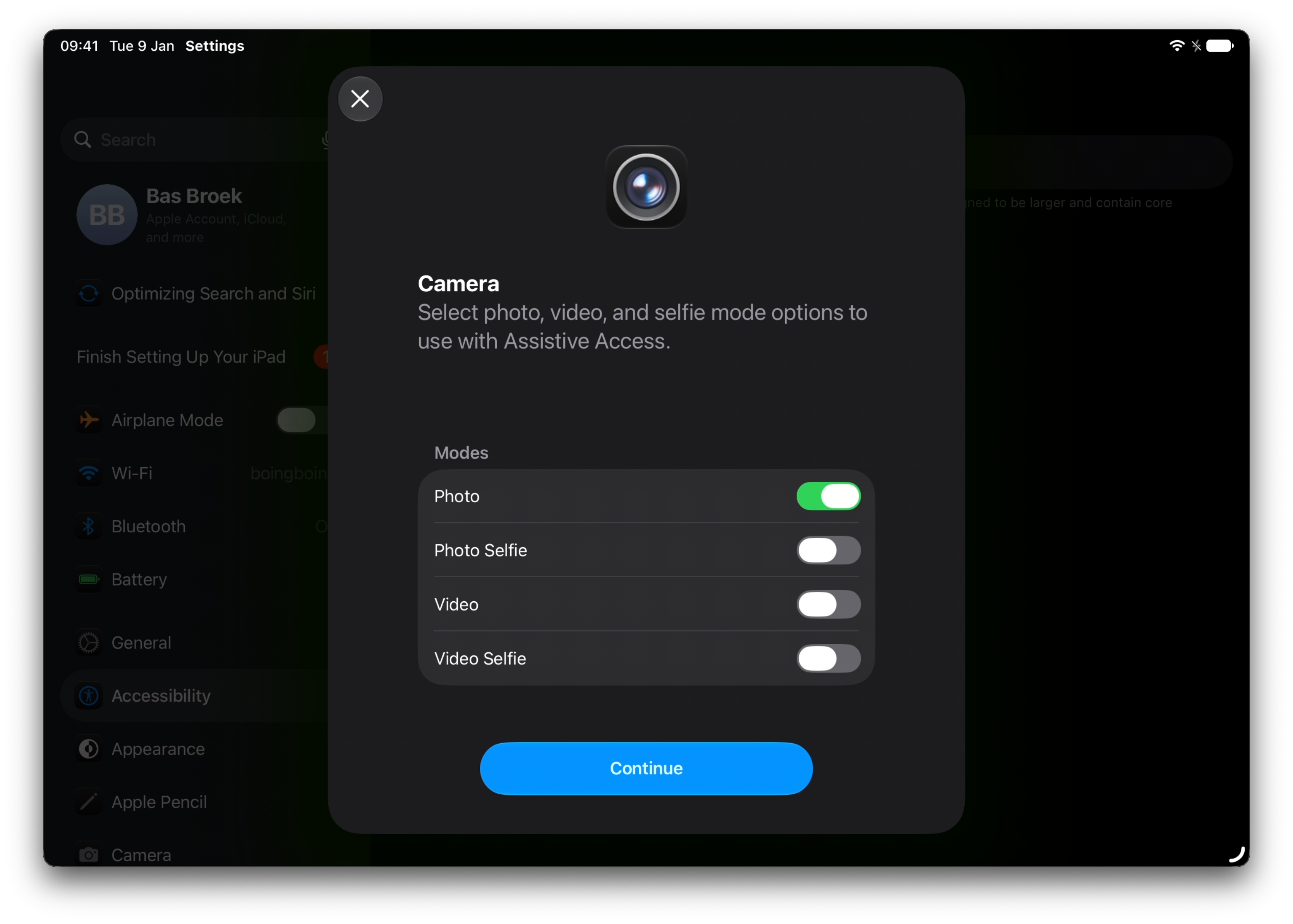 Camera.app showing settings during Assistive Access setup in Settings.app.