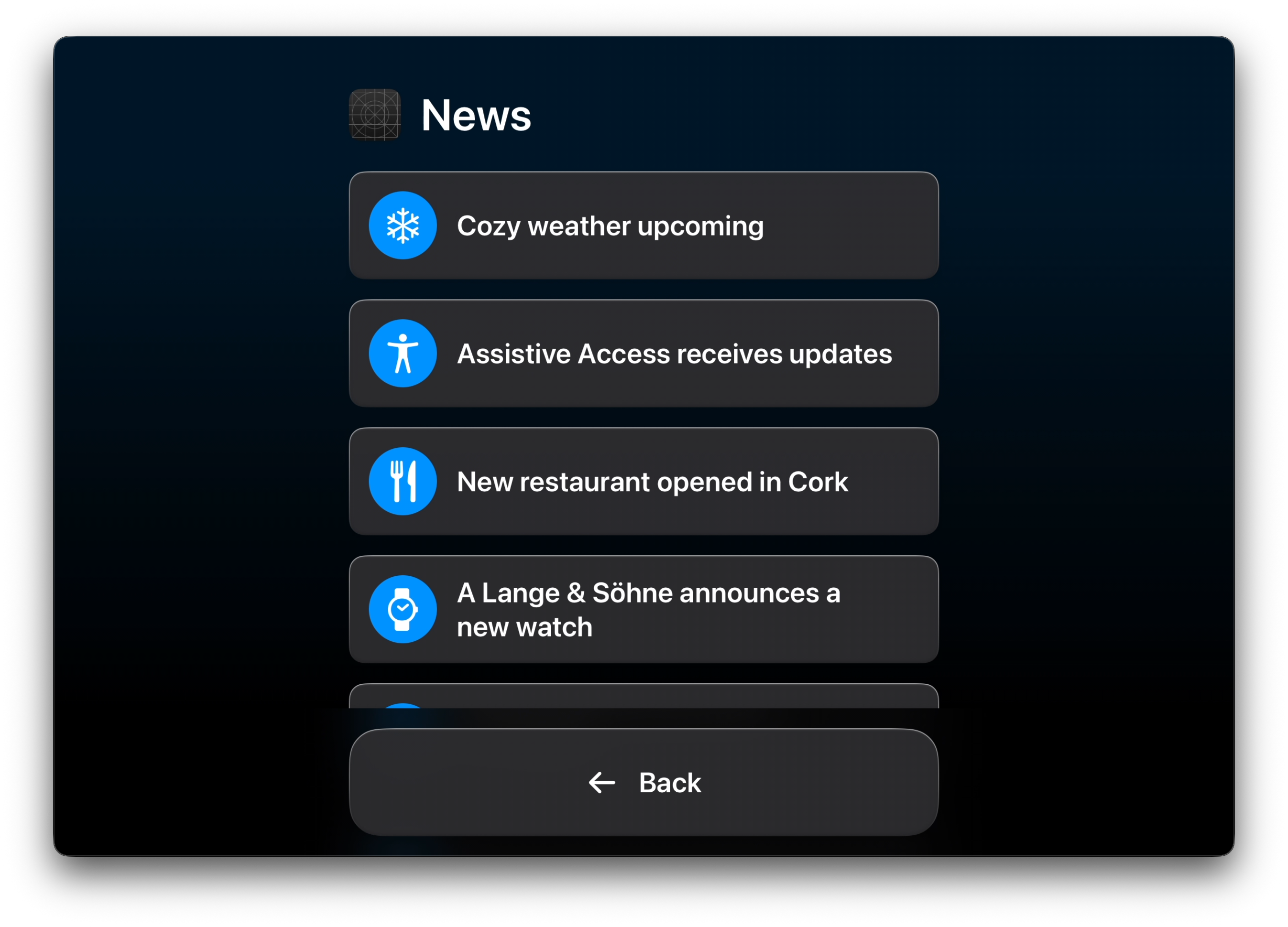 An iPad app in landscape running under the Assistive Access mode. It shows large rows, where the article's image is prominently displayed on the leading edge, besides the title on the trailing edge.