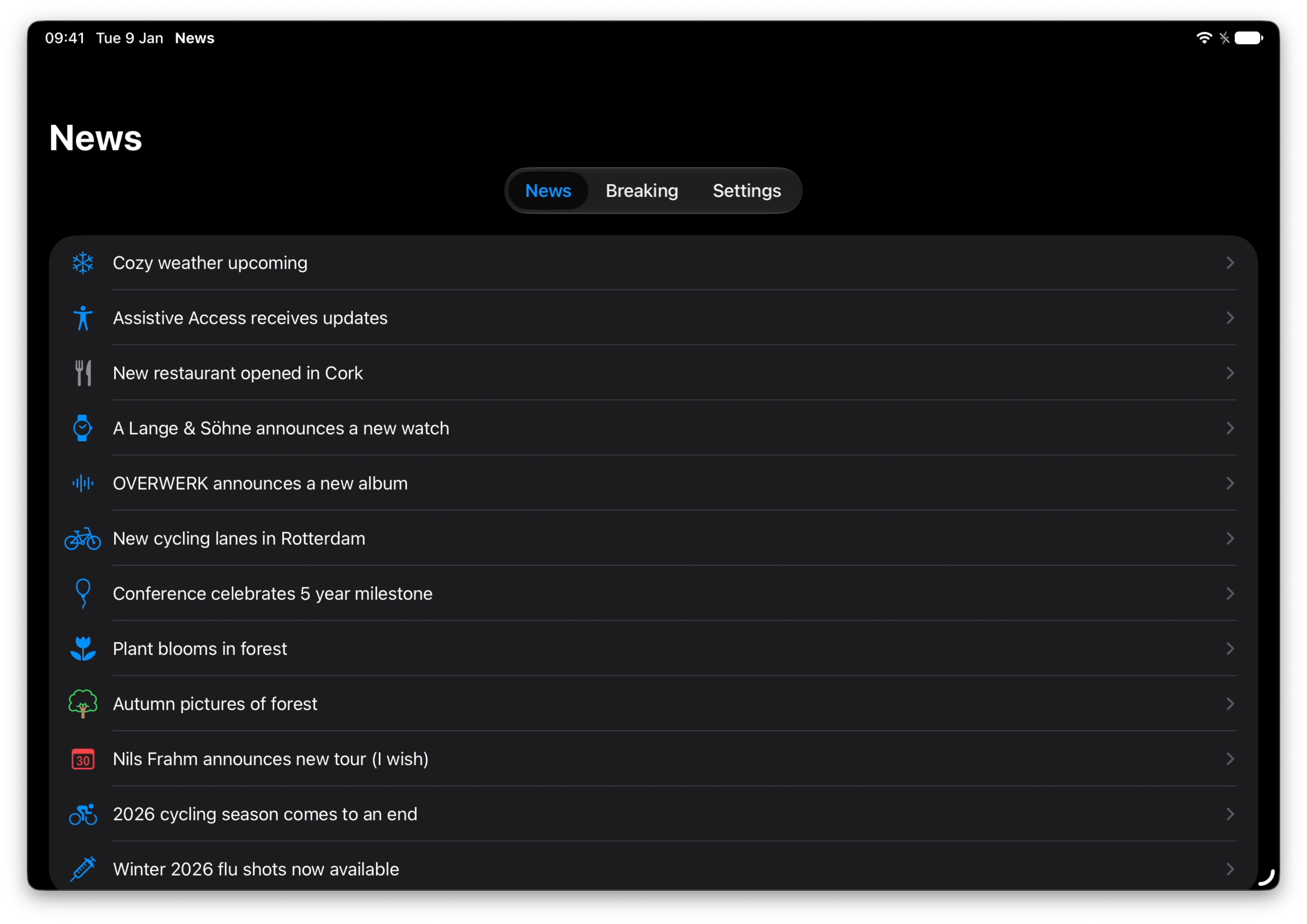 An iPad app in landscape showing a "News" title at the top, a tab bar, and a list of articles with a leading icon and the article's title trailing.