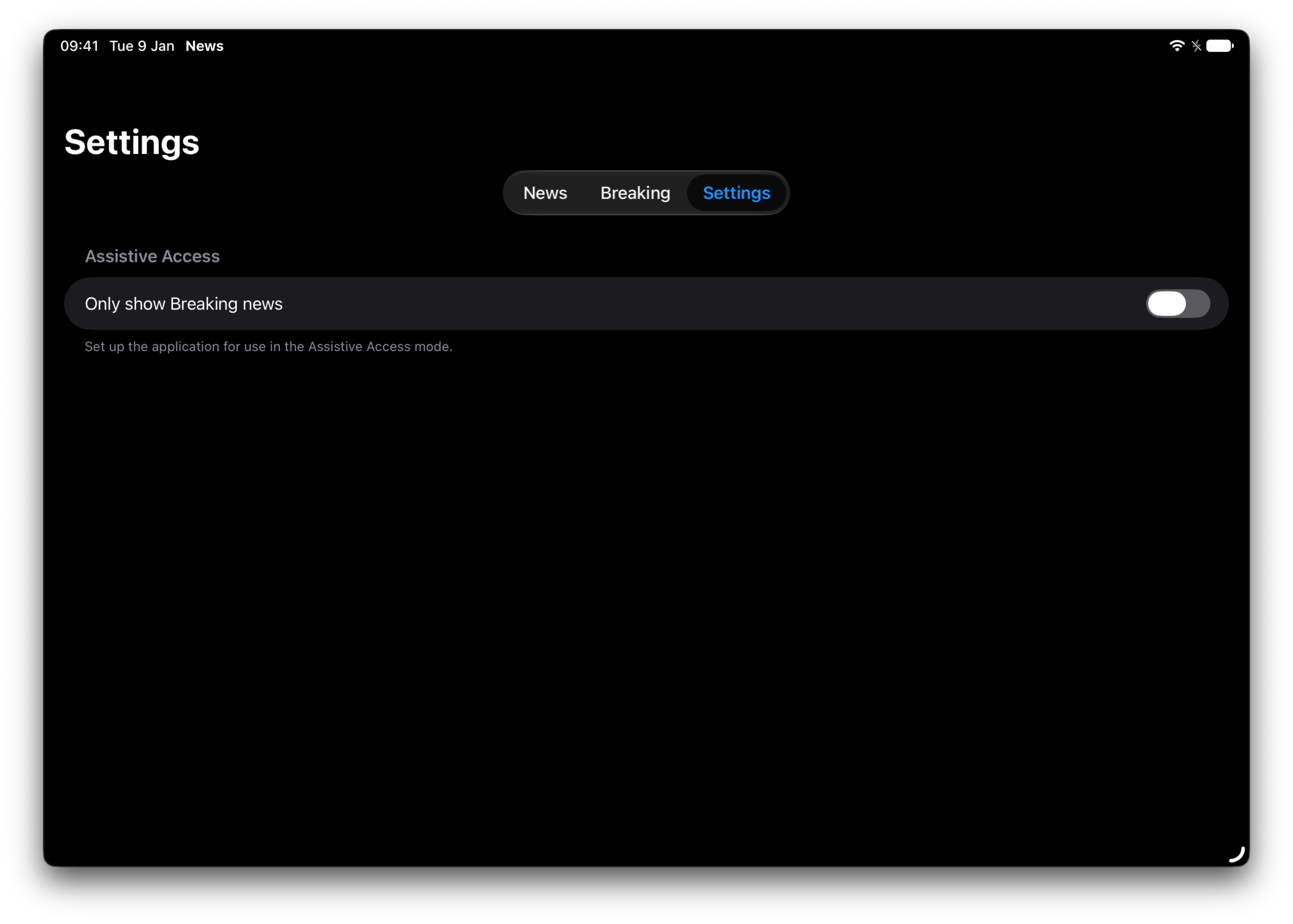 An iPad app in landscape showing a settings screen, with a setting to 'only show Breaking news' in Assistive Access mode.
