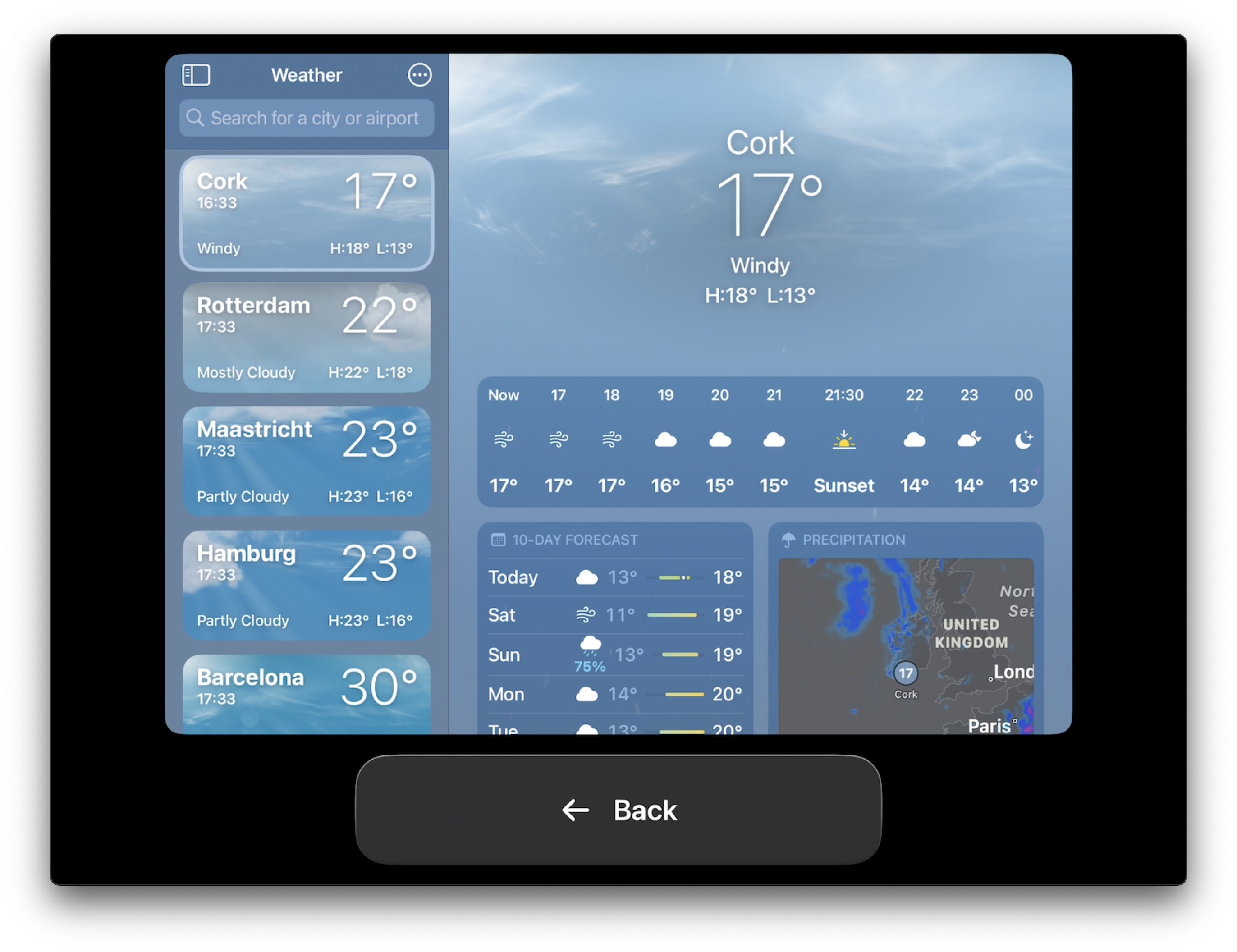 An iPad in landscape mode showing the (non-optimized) Weather app. It shows the Weather app as normal with a large "Back" button beneath its UI.
