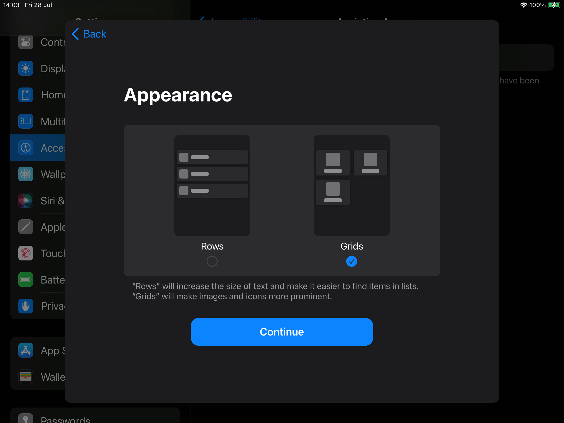 An iPad in landscape mode showing the appearance initial setup screen within Assistive Access. Rows on the left, Grids on the right.