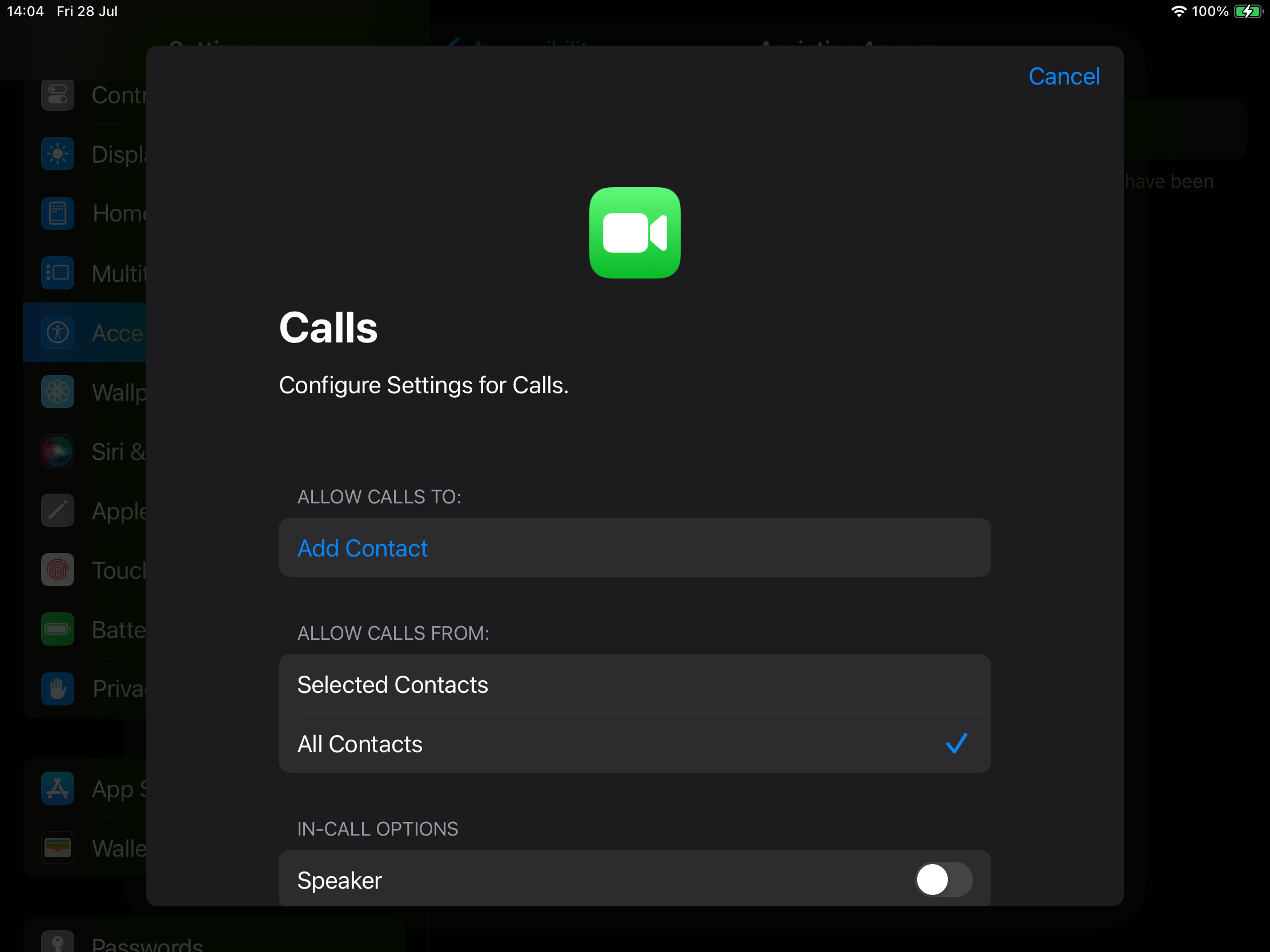 An iPad in landscape mode showing the Calls app's setting configuration screen. It shows options like limiting the contacts available within Assistive Access.