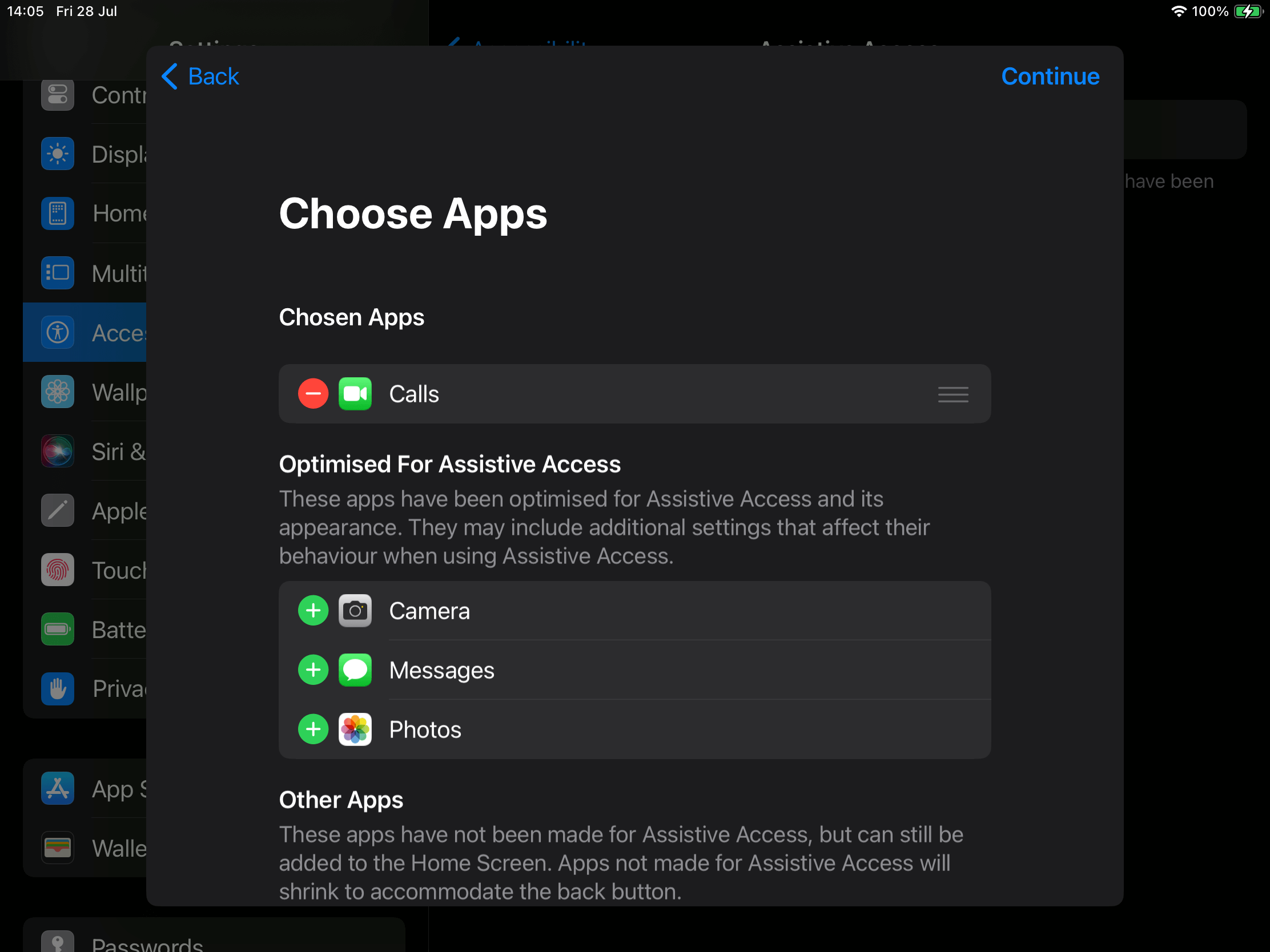An iPad in landscape mode showing the "Choose Apps" initial setup screen within Assistive Access.