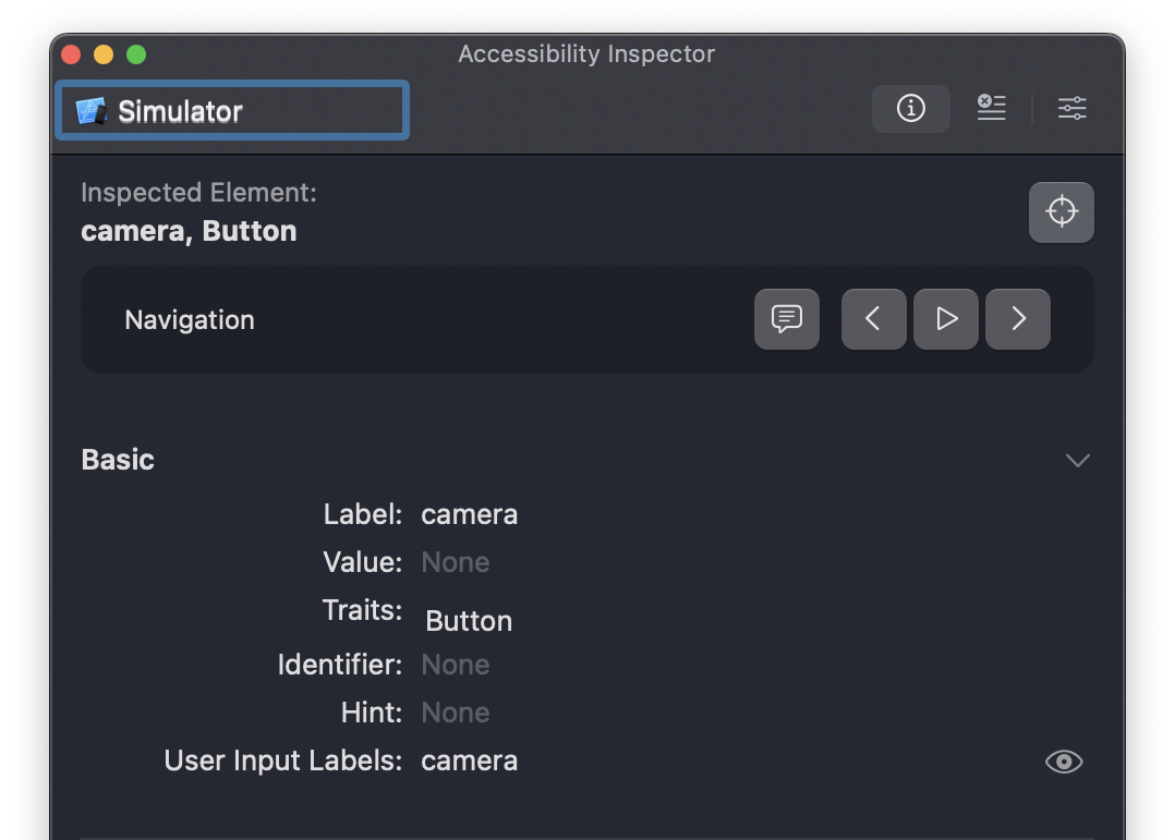 The Accessibility Inspector showing details for the camera button.