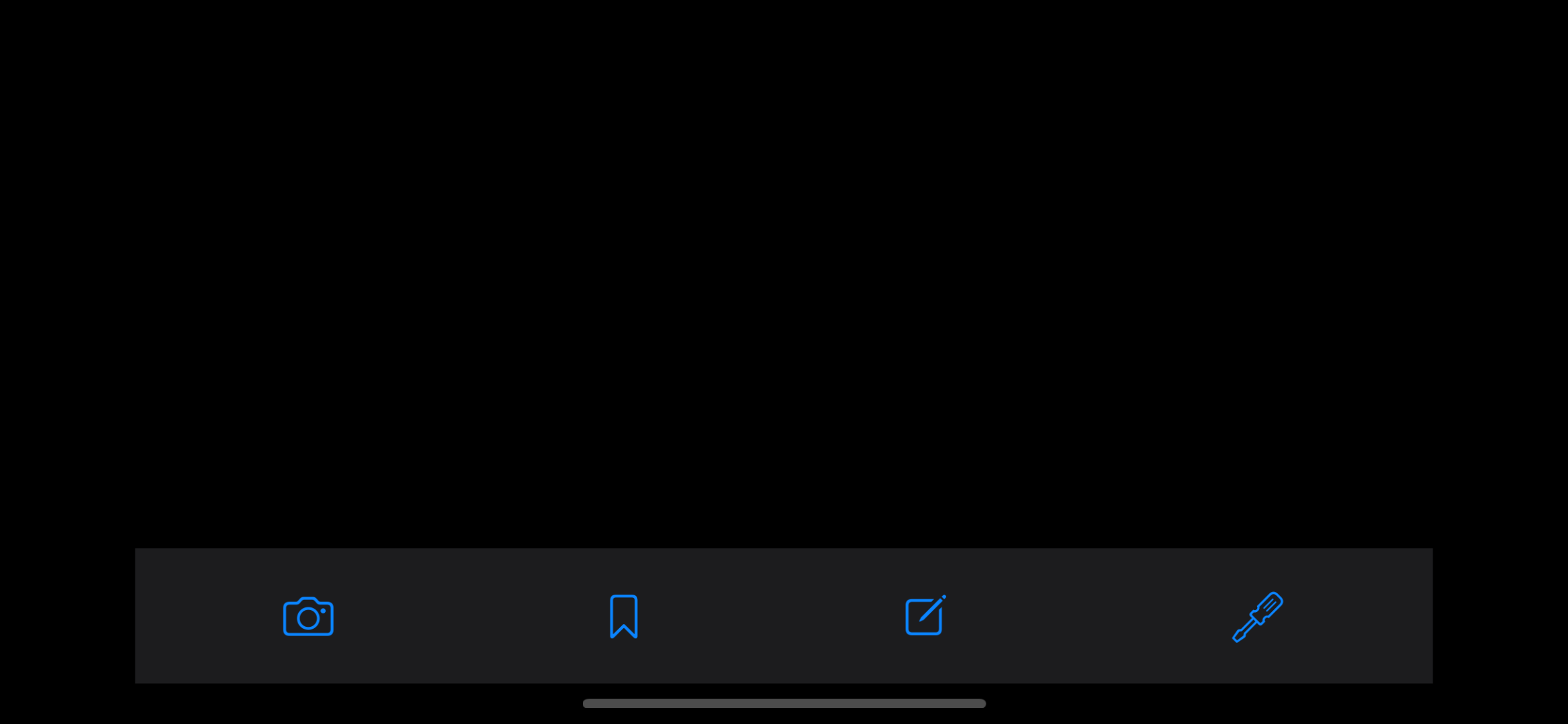 A blank iPhone screen showing a custom tab bar with camera, bookmark, compose and screwdriver buttons.