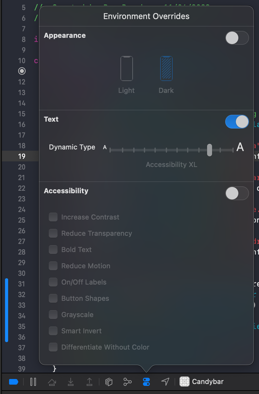 The Environment Overrides in the Xcode debug bar.