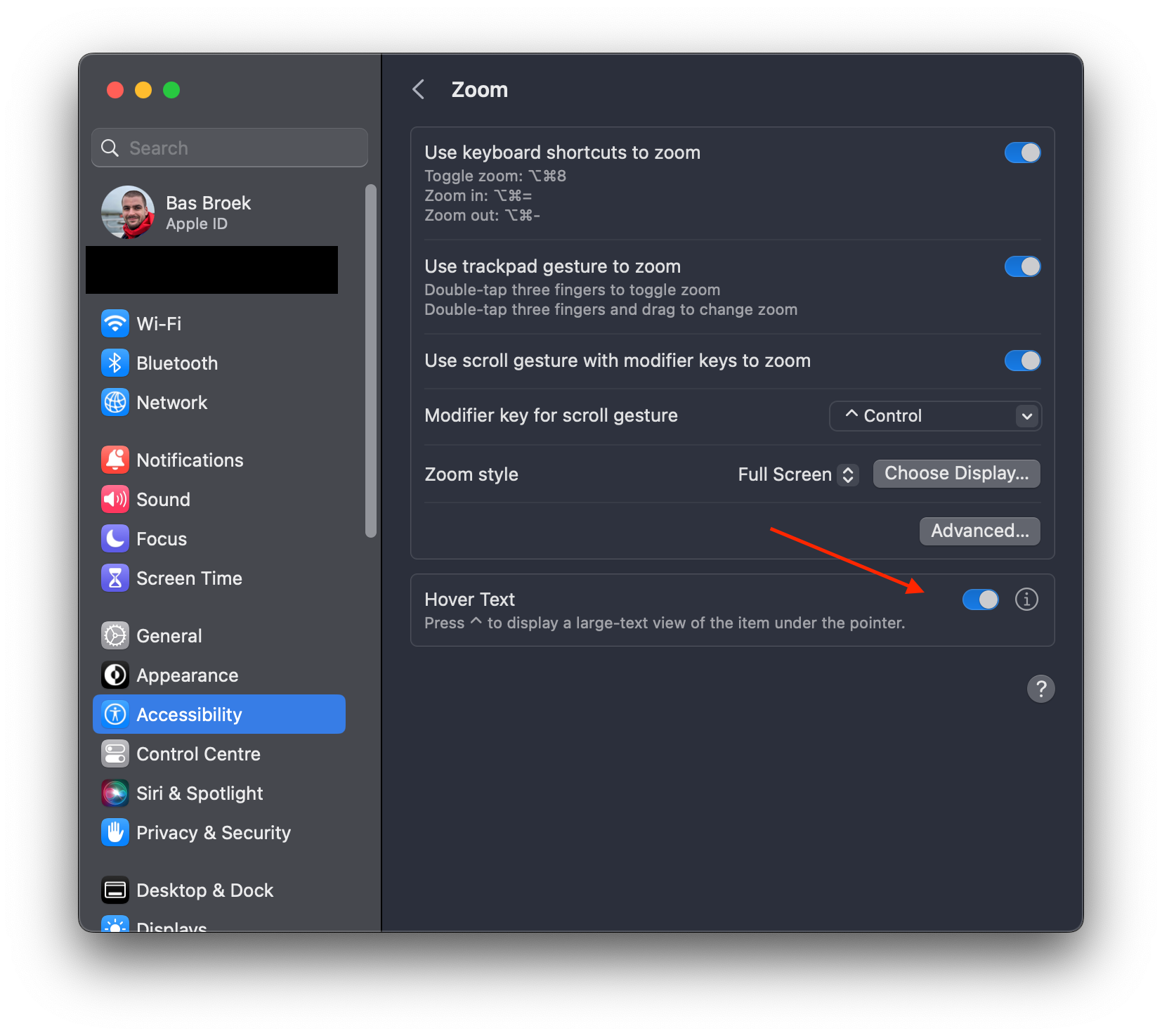 Hover Text in the macOS system settings.