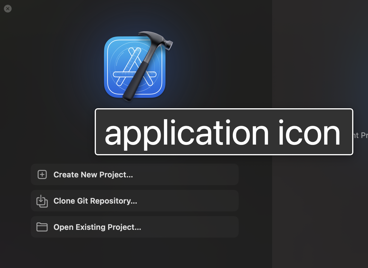 The Xcode introduction screen with Hover Text showing 'application icon' hovering over the Xcode icon in its center.