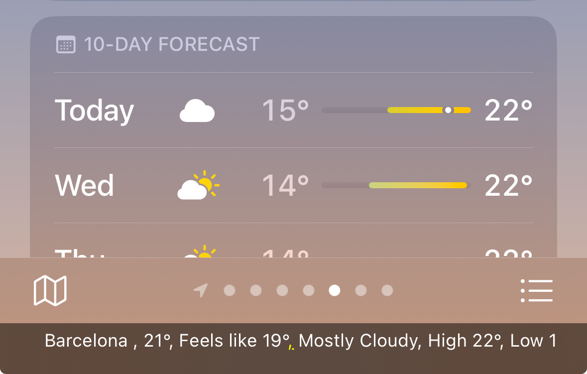 The VoiceOver caption panel showing its ouput in the weather app.