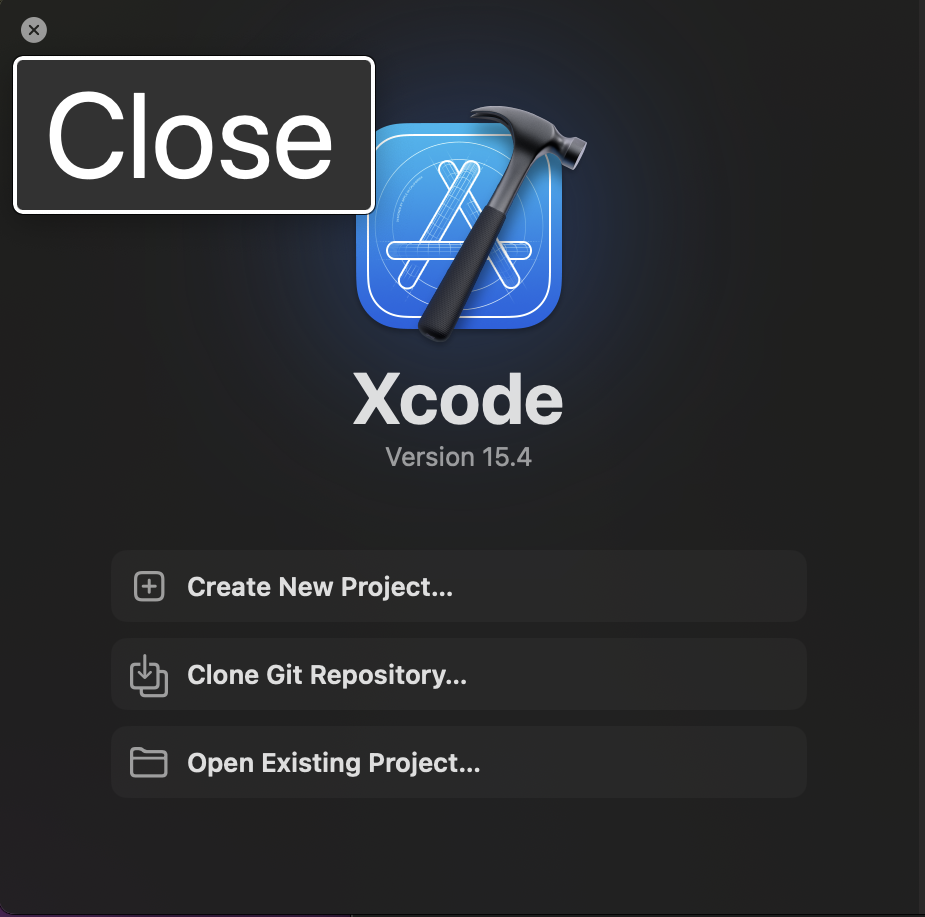 The Xcode introduction screen with Hover Text showing 'Close' hovering over the x-button in the leading corner.
