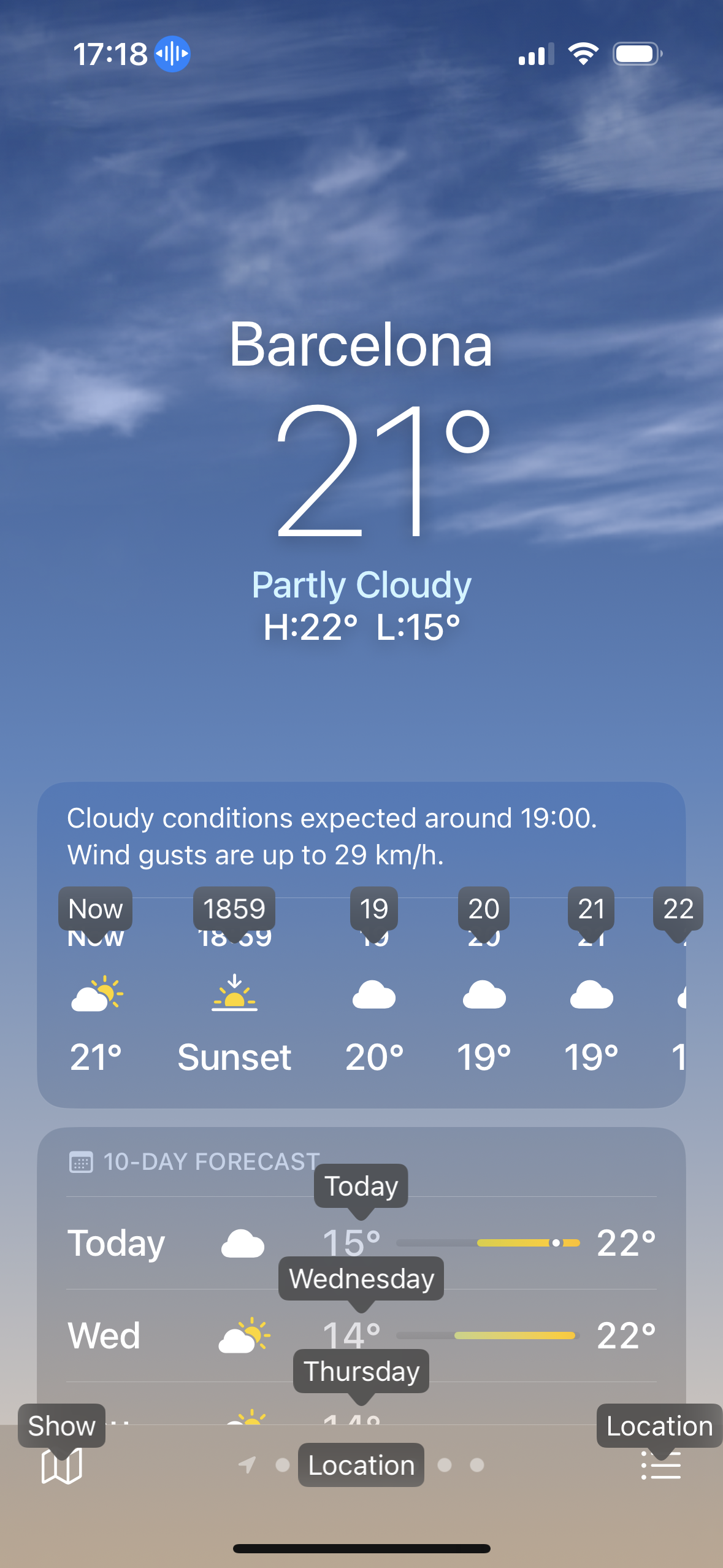 The weather app showing its main screen. It shows weather for Barcelona, Spain.