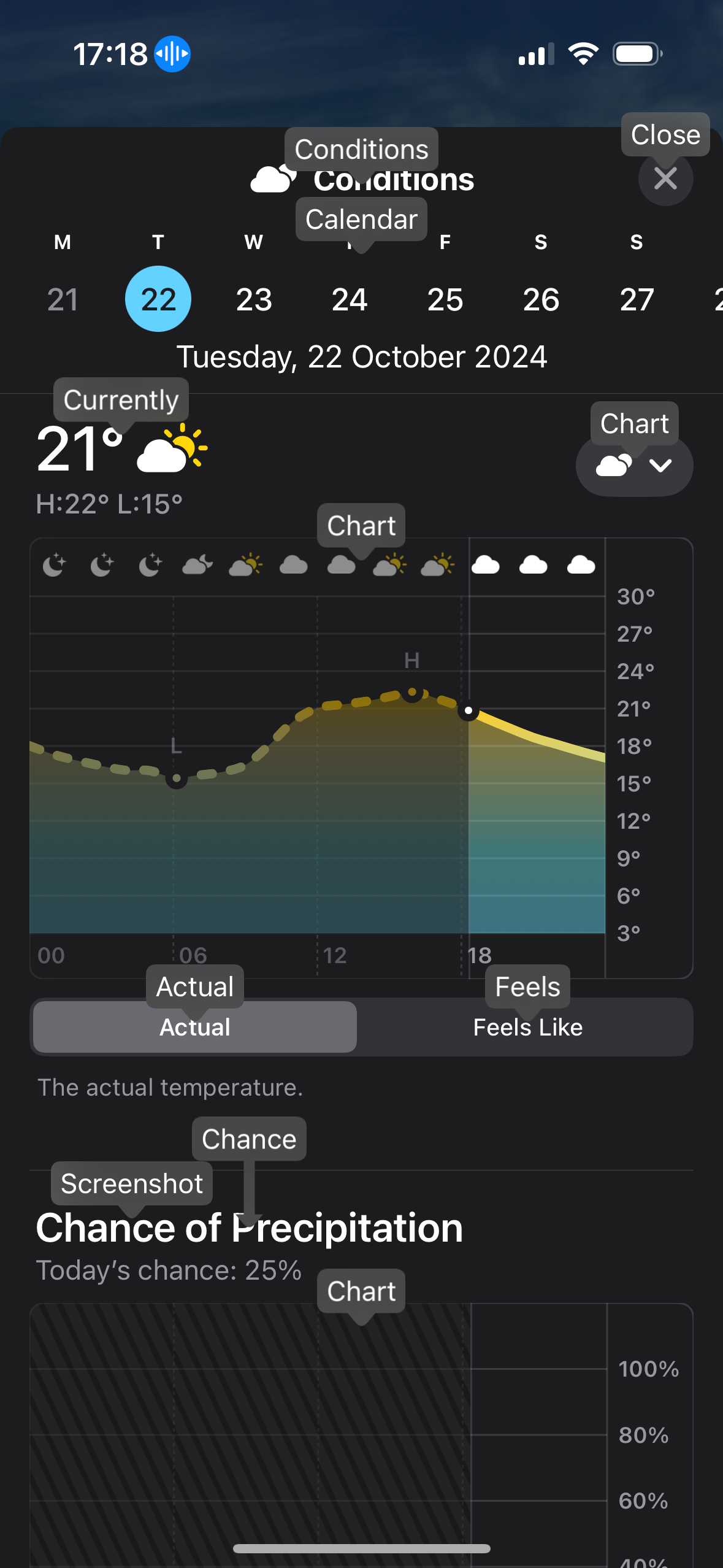 A detail view showing weather details per hour, including charts showing temperature and precipitation.