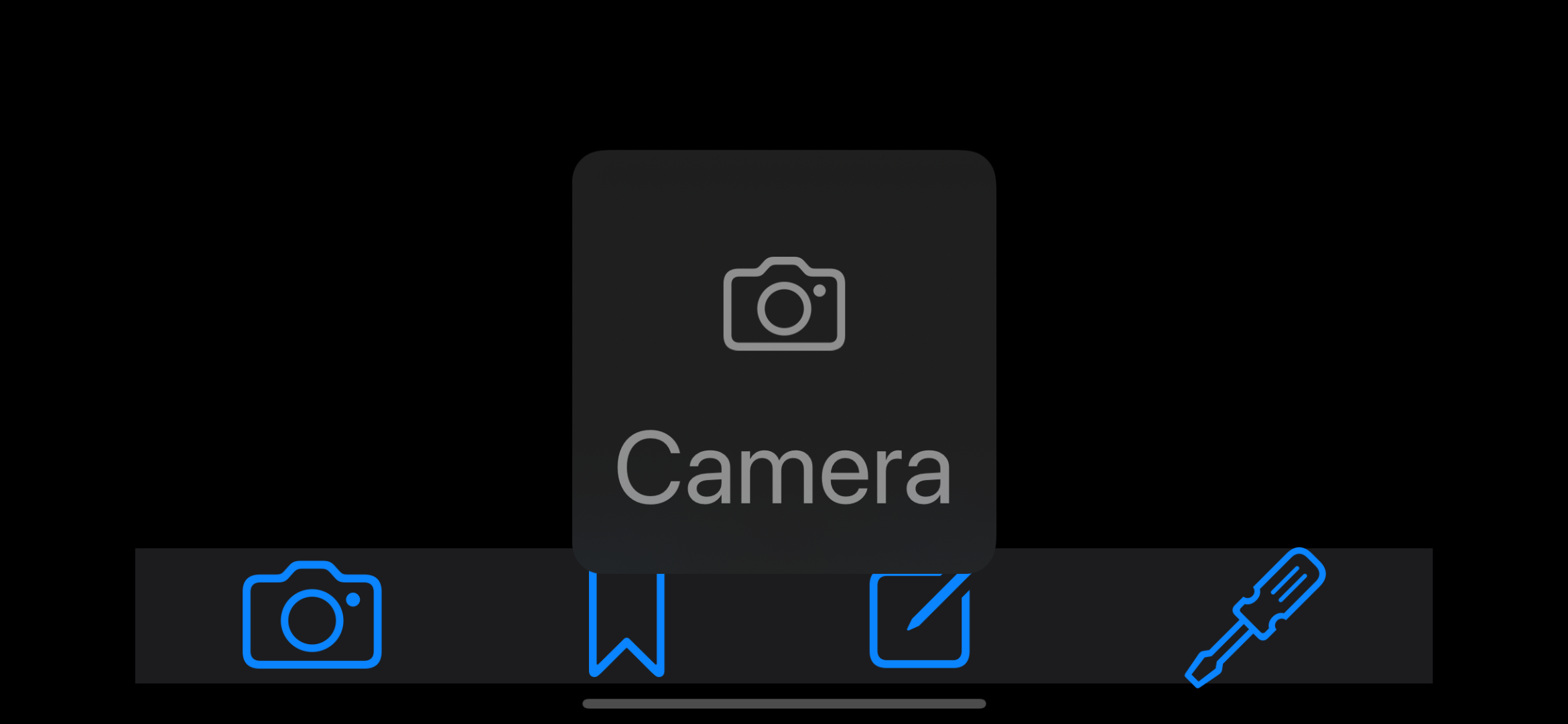 The custom tab bar showing the large content viewer for the camera button.